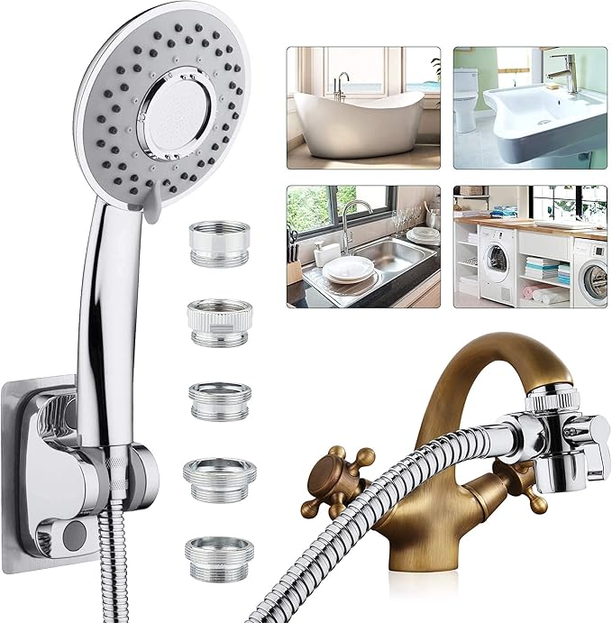 Sink Hose Shower Sprayer Attachment - Faucet Extension w/ 5 Adapters For Bathroom Bathtub, Kitchen Faucet, Utility Laundry Tub, Garden Hose Thread Spout For Delta, Moen, Kohler, American Standard