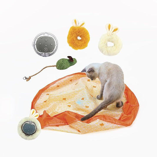 Pounce Mat Interactive Cat Toy – Indoor Hunting Game by Paw Paw | Hide & Seek Moving Ball, Motion-Activated Rolling Ball with Bunny Ears & Mouse Tail, 2-in-1 Play Mat