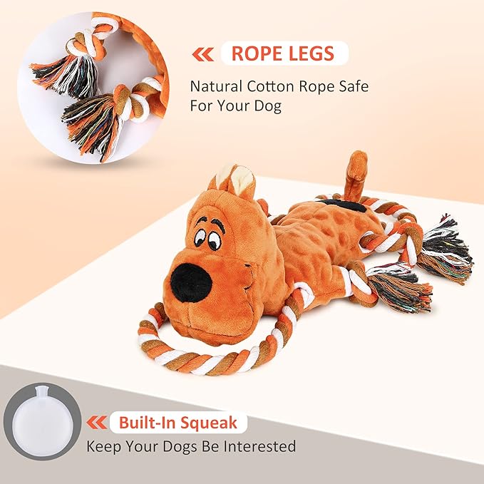 IOKHEIRA Tug of War Plush Dog Squeaky Toys with Crinkle Paper, Knotted Rope for Teeth Cleaning & Boredom