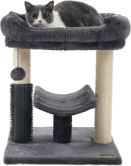 Hoopet 20-Inch Cat Tree Tower, Small Cat Scratching Post for Indoor Cats and Kittens, Sisal Cat Scratcher with Plush Bed Perch, Self Groomer and Hanging Toy Ball, Smoky Grey