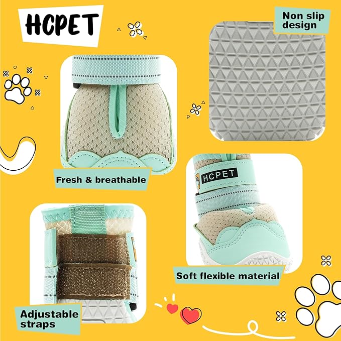 Hcpet Dog Shoes for Large Dogs, Breathable Dog Booties for Small Medium Dogs, Anti-Slip Dog Boots & Paw Protectors for Hot Pavement Winter Snow Hiking with Reflective Straps Green Size 1