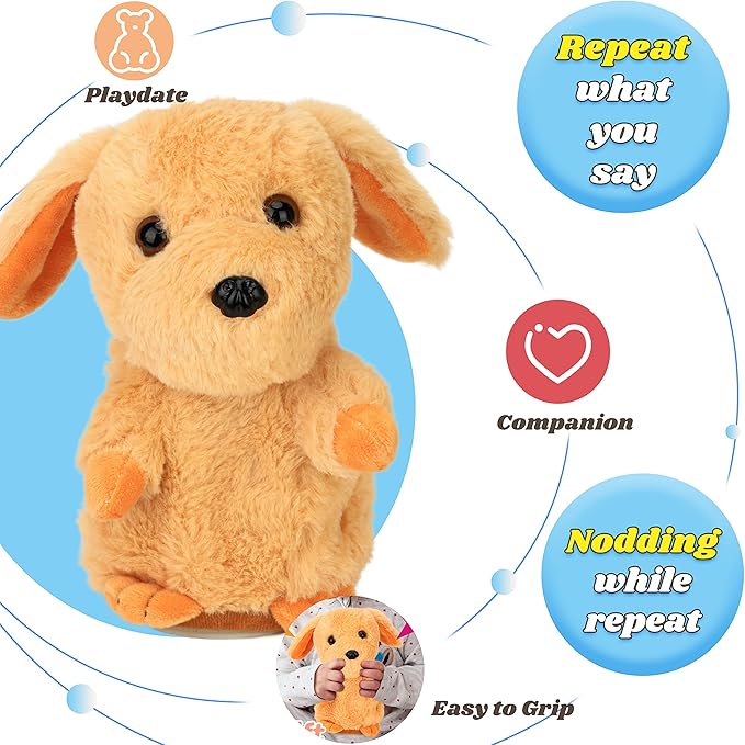 Hopearl Talking Puppy Repeats What You Say Dog Nodding Electric Interactive Animated Toy Speaking Plush Buddy Gift for Toddlers, Brown, 7''
