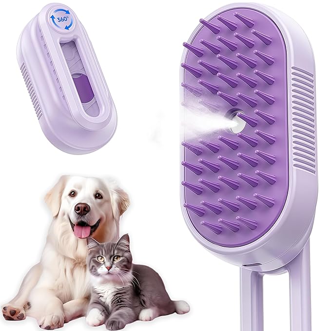 Cat Brush Cat Steam Brush Rechargeable Steamy Pet Grooming For Shedding, Water Spray Massage Brushs, Dog Hair Removal Self Cleaning Brushs Steamer Wet Spa Comb (Purple)
