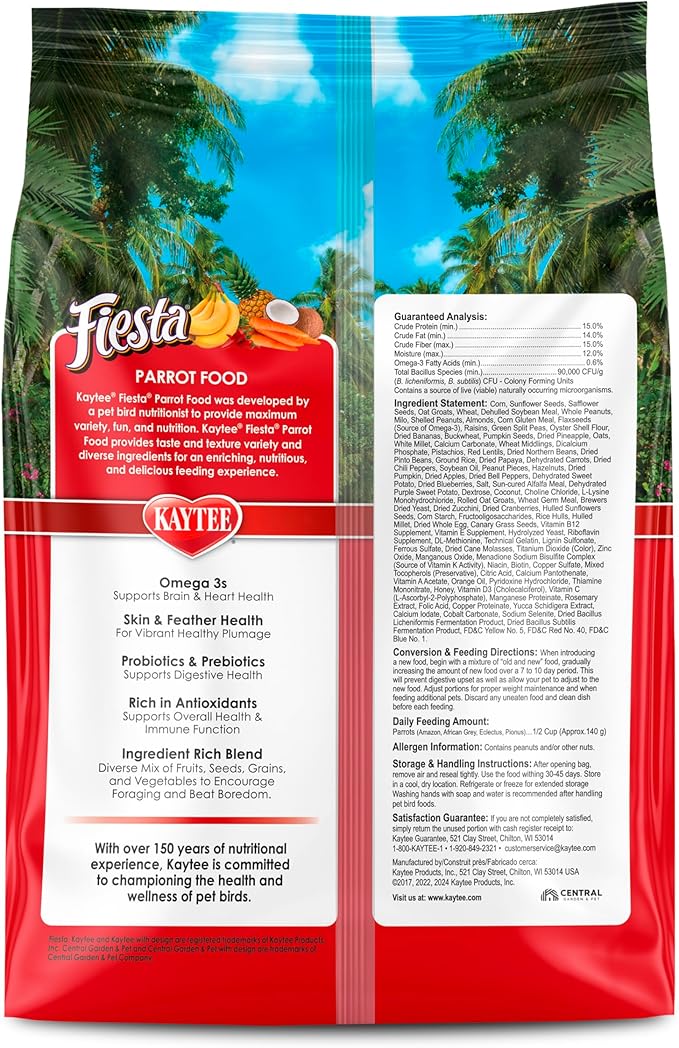 Kaytee Fiesta Parrot Food, Nutritious and Fun Blend, Supports Skin, Feather, Digestion, Brain and Heart Health, 2.5 pounds
