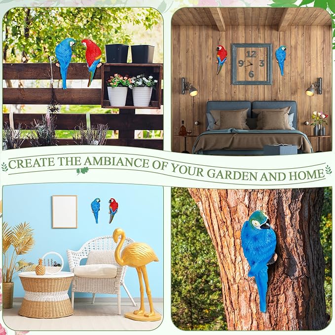 Jetec 2 Pcs Parrot Decor Outdoor Tiki Bar Decorations Large Realistic Parrot Statues for Outside Lifelike Bird Sculptures Garden Patio Yard Lawn Figurines for Tropical Animal Tree Wall (Blue, Red)