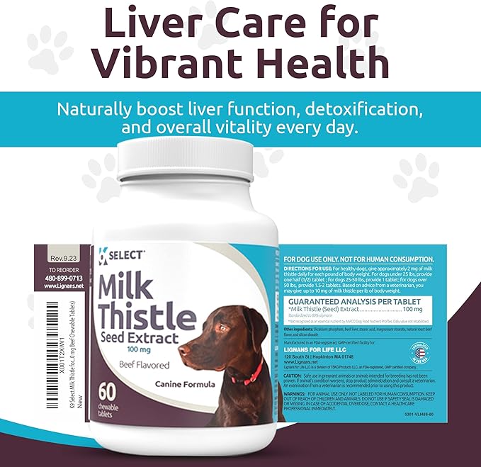 K9 Select Milk Thistle for Dogs, 100mg - 60 Beef Flavored Tablets - Canine Liver Health Natural Milk Thistle Supplement
