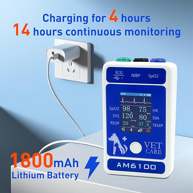 Handheld Veterinary Pulse Oximeter,Rechargeable Dog Blood Pressure Monitor, 6 Parameters Animal Patient Mnitoring Equipment with 2.4" Display and Bluetooth for Pets Cat Home Clinic Use