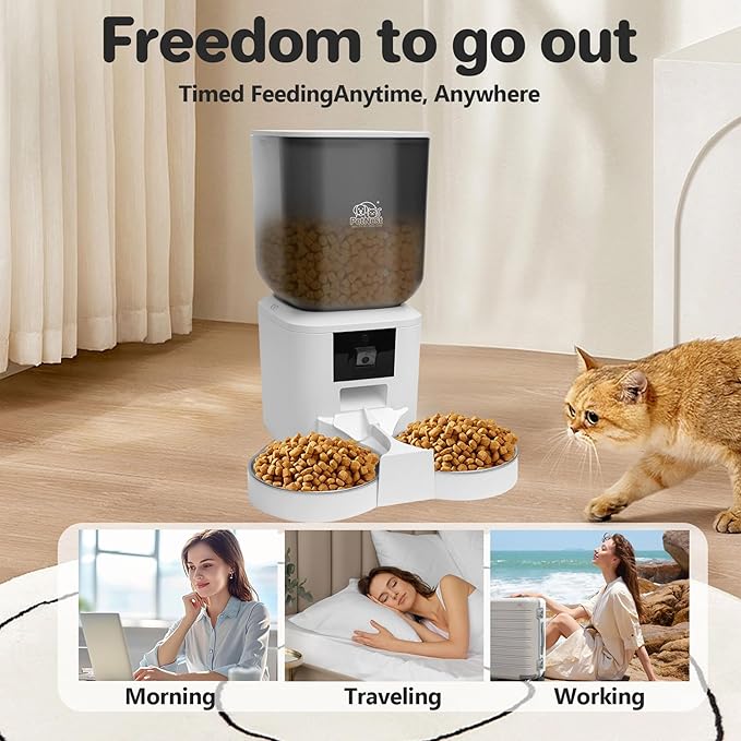 8L Automatic Cat Feeder with Camera – Automatic Dog Feeder Large Breed, Dual Bowl WiFi Cat Food Dispenser, Pet Food Dispenser with Tuya App Control, Night Vision, Voice Control, Timed Meals