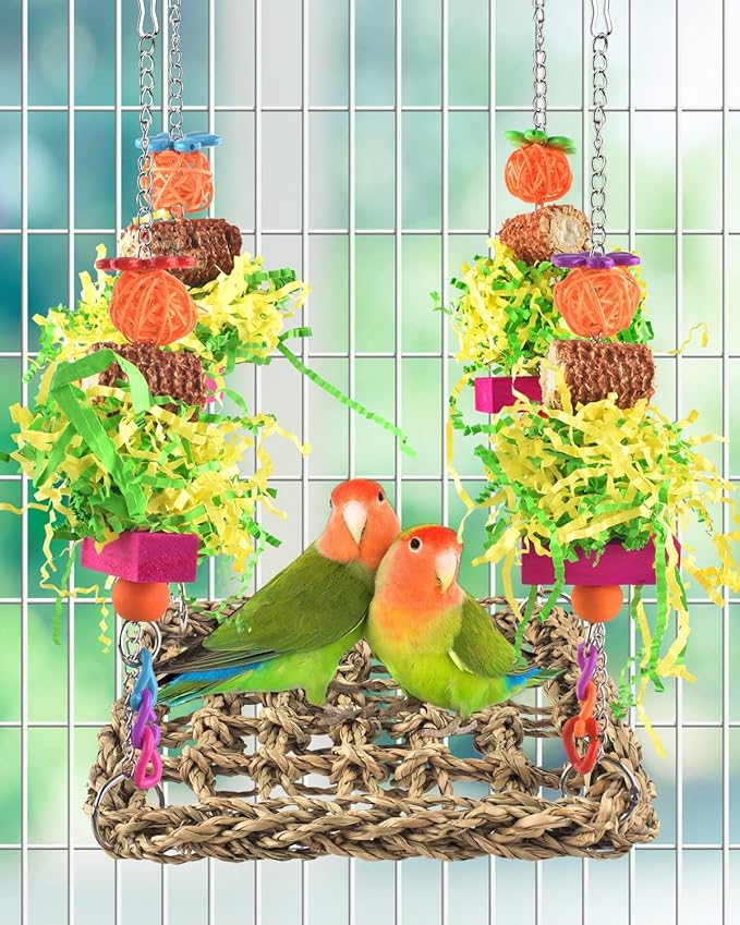 ERKOON Conure Toys, Bird Cockatiel Toys Foraging Swing Mat Parrot Climbing Hammock Wall with Colorful Toys for Birds Shredding Seagrass, Birds Cage Toy Accessories