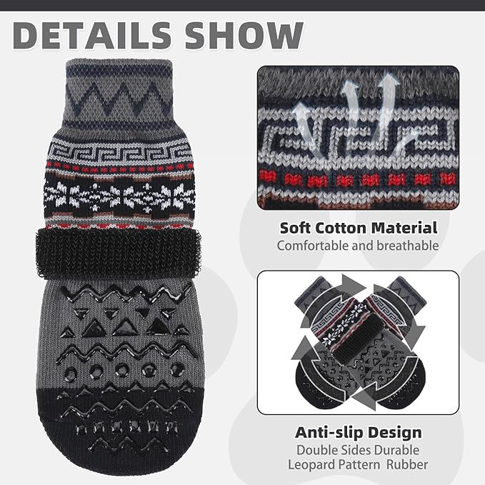 KOOLTAIL Dog Socks to Prevent Licking Paws for Hardwood Floors Anti Slip, Winter Warm Pet Boots&Paw Protector with Grippers, Double Sides Dog Shoes Booties for Small Medium Large Senior Dogs Grey XL