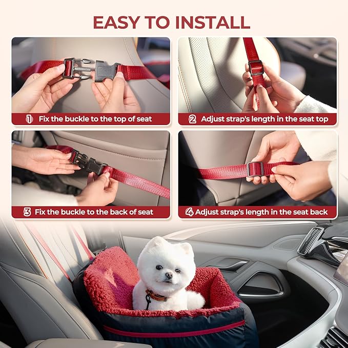 BurgeonNest Dog Car Seat for Small Dogs, Detachable and Washable Cat Carseats Under 25 lbs, Soft Pet Booster Seats with Storage Pockets and Clip-On Leash Portable Car Travel Carrier Bed, Black red