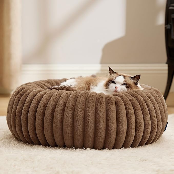 Bedsure Cat beds for Indoor Cats - Donut Dog Beds for Small Dogs with Corduroy Fleece & Anti Slip Bottom, Faux Fur Pet Beds with Washable Removable Cover, Copper Brown, 20x20x6 inches