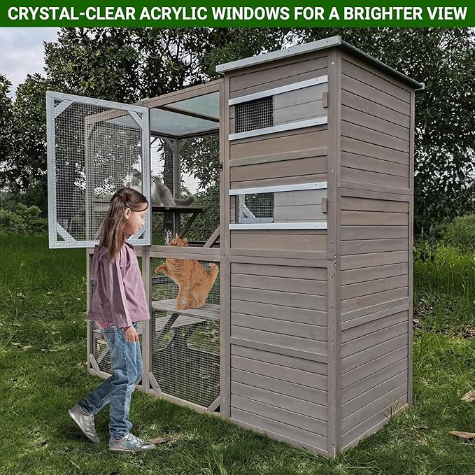 Large Catio Outdoor Cat Enclosure, Weatherproof Cat House Attached to Window for Multi Cats, 4 Story Wooden Kitten Condo Asphalt and UV Protection Roofs, Multi Platforms 153.6" L x 70" H