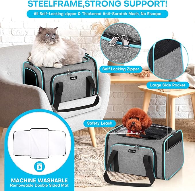 Cat Dog Carrier Bag - Expandable Soft-Sided Travel Pet Carrier with Ventilated Mesh, Fleece Pad, 18x11x11 Inch for Kitten, Rabbit, Puppy,Guinea Pig, Small Animal, Airline Approved