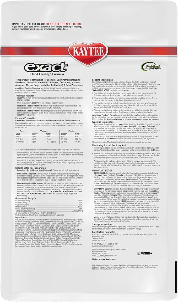 Kaytee Exact Hand Feeding Pet Bird Baby Food For Macaw, Eclectus, Hawk-Headed, African Parrots, Caiques, and Any Baby Under 2 Weeks Old, 5 Pound