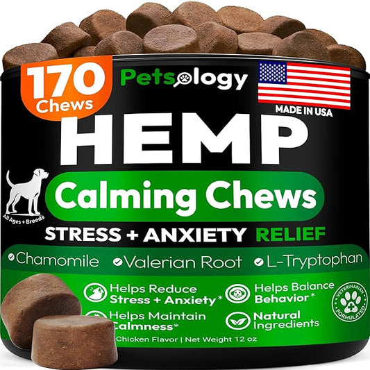 Hemp Calming Chews for Dogs - 170 Dog Calming Chews - Anxiety Relief Treats - Advanced Stress Relief, Separation Aid, Barking, Fireworks, Melatonin - Hip & Joint Supplement - Made in USA