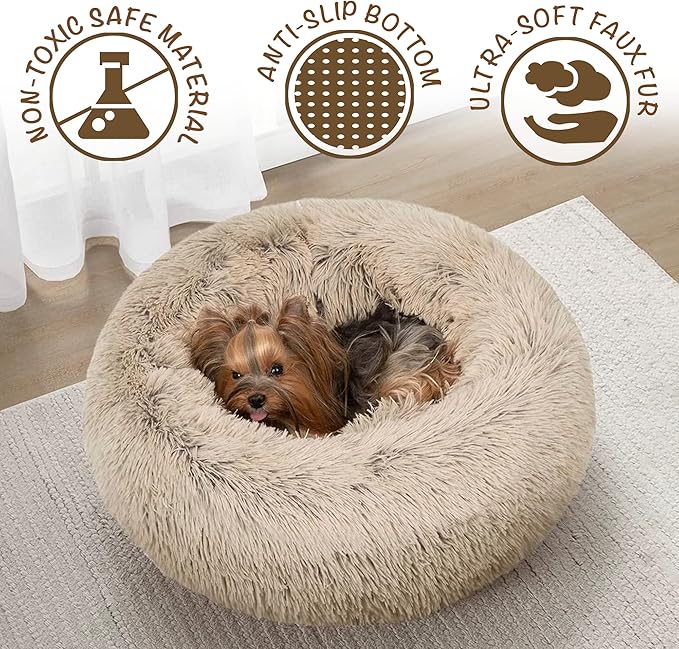 Friends Forever Donut Dog Bed Faux Fur Fluffy Calming Sofa For Medium Dogs, Soft & Plush Anti Anxiety Pet Couch For Dogs, Machine Washable Coco Pet Bed with Non-Slip Bottom, 30"x30"x7" Tan