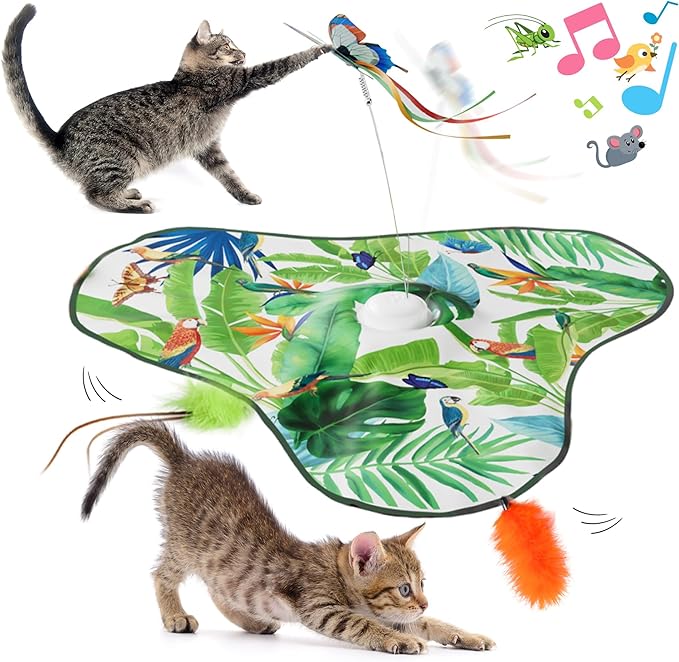 4-in-1 Interactive Cat Toy, Hide and Seek Cat Toys for Indoor Cats, Automatic Cat Kitten Toys with Moving Concealed Feathers, Fluttering Butterfly, Lifelike Sounds,Touch Activated, USB Rechargeable