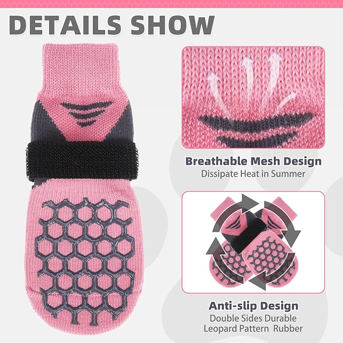 KOOLTAIL Dog Socks for Hot Pavement, Summer Breathable Dog Socks to Prevent Licking Paws, Non Slip Pet Boots & Paw Protectors for Hardwood Floor,Grippy Shoes for Small Medium Large Senior Dogs,Pink XL