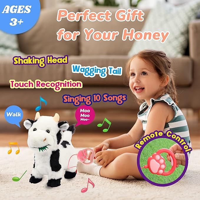 Hopearl Walking Cow Interactive Electronic Pet Singing Toy Remote Control Leash Animated Musical Nodding Moo Wagging Tail Touch Recognition Gifts for Toddlers Birthday, 9''
