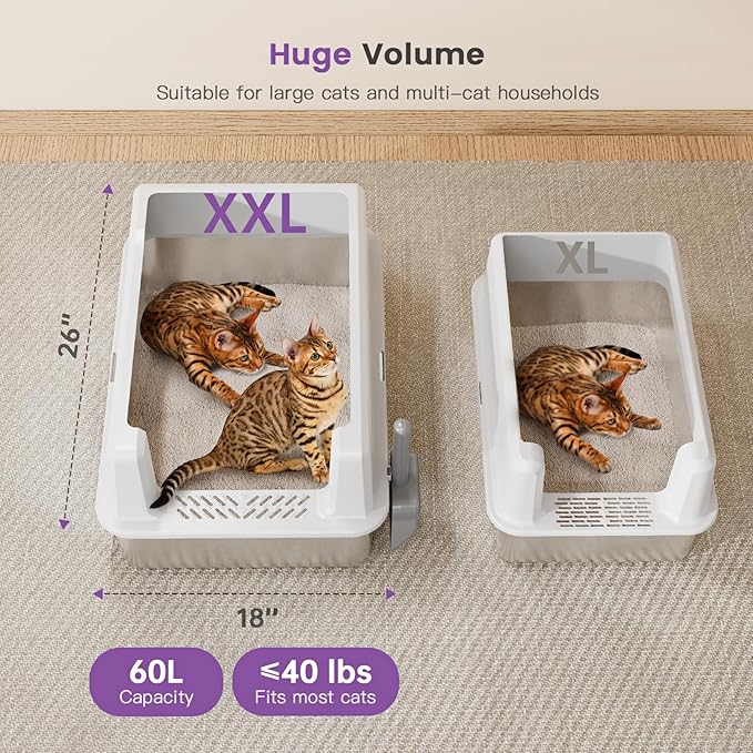 Extra Large XXL Stainless Steel Cat Litter Box with Lid, 26" L x 18" W x 12" H Metal Litter Box with Hight Sides for Big Cats & Multiple Cats, Never Absorbs Odors, Anti-Urine Leakage, Easy Cleaning