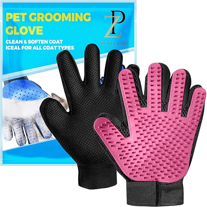 Upgrade Pet Grooming Gloves, Grooming Gloves for Dogs, Cats, Rabbits & Horses with Long and Short Hair, Efficient Pets Hair Remover Mittens - 1 Pair (Pink)