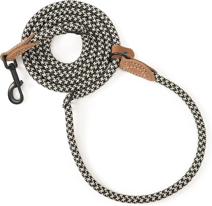 Mile High Life Hands Free Dog Leash, Crossbody Waist Leash with Genuine Leather Connection, Multifunctional Adjustable Slip Lead for Dog Walking Running (Black Khaki, 8FT)