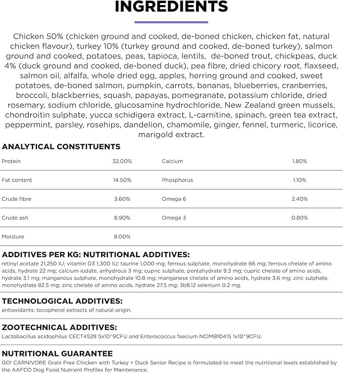 Go! Solutions Carnivore, Grain-Free, Protein Rich Dry Dog Food, Chicken, Turkey and Duck Senior Recipe, 22 lb Bag