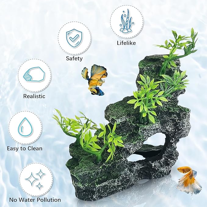 kathson Aquarium Mountain View Stone Resin Fish Tank Decorations Betta Hideout Caves Rockery Landscape Tree Aquarium Decorations Rock Hiding Cave Decor for Small Fish Shrimp Play Ornament