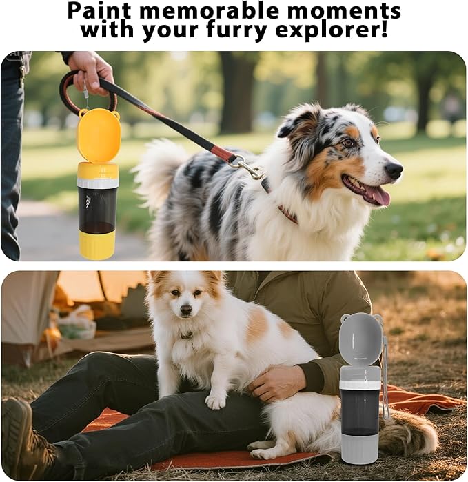 2-in-1 Pet Travel Water Bottle & Food Container - 14 oz Water + 6 oz Food Dispenser, Leak-Proof Portable Dog Water Bottle Bowl for Walking, Hiking, Camping Yellow