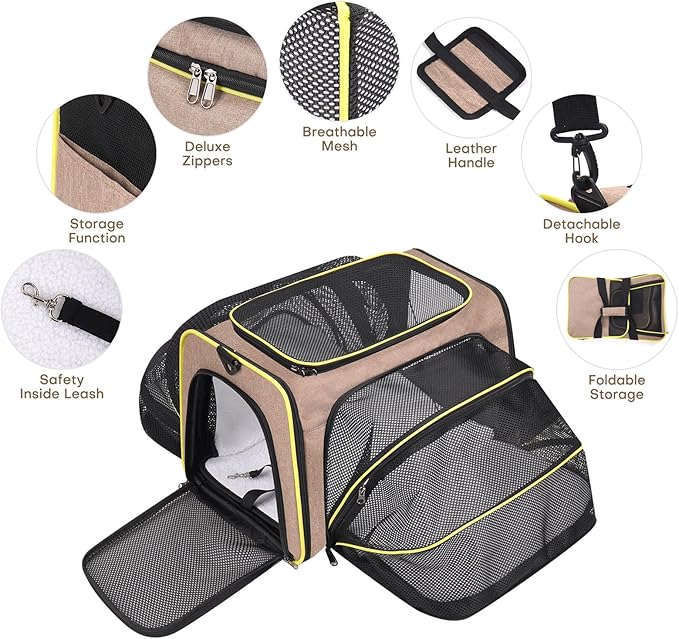 Cat Dog Carrier Bag - Expandable Soft-Sided Travel Pet Carrier with Ventilated Mesh, Fleece Pad, 18x11x11 Inch for Kitten, Rabbit, Puppy,Guinea Pig, Small Animal, Airline Approved