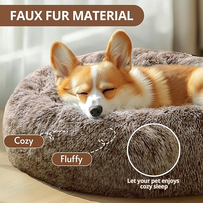 JOLLYVOGUE Medium Calming Dog Bed, Anti-Anxiety Donut Cuddler Cat Bed with Anti-Slip Bottom, Fluffy Faux Fur Machine Washable Pet Cushion for Medium Dog & Cat, 27"/Smoke Brown
