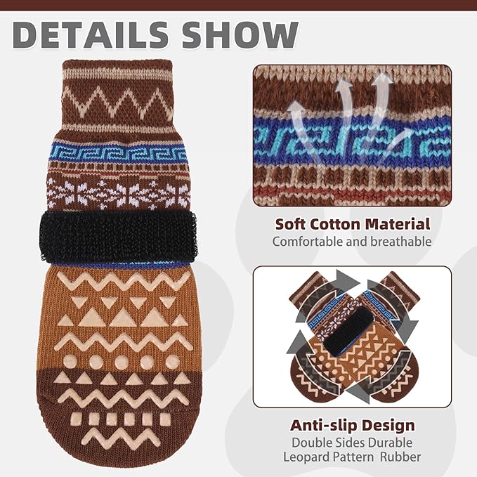 KOOLTAIL Dog Socks to Prevent Licking Paws for Hardwood Floors Anti Slip, Winter Warm Pet Boots&Paw Protector with Grippers, Double Sides Dog Shoes Booties for Small Medium Large Senior Dogs Khaki M