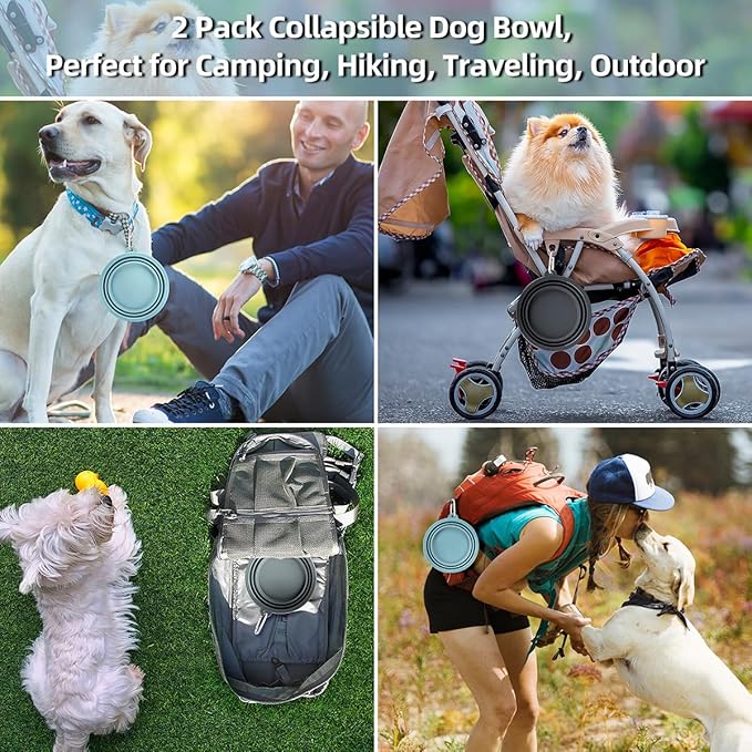 Kytely Collapsible Dog Bowls 2 Pack - 1500ml Portable Pet Food & Water Bowl for Travel, Hiking, Walking - Foldable Feeding Dish with Carabiner Clip for Dogs & Cats - X-Large (Blue & Grey)