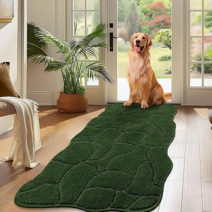 Large Dog Door Mat for Muddy Paws, 22x47 Absorbent Dirt Trapper Long Door Mat, Non-Slip Washable Mud Mat for Dogs, Polyester Microfiber Soft Pet Rug for Entryway, Mud Dog Paws, Patio (Forest Green)