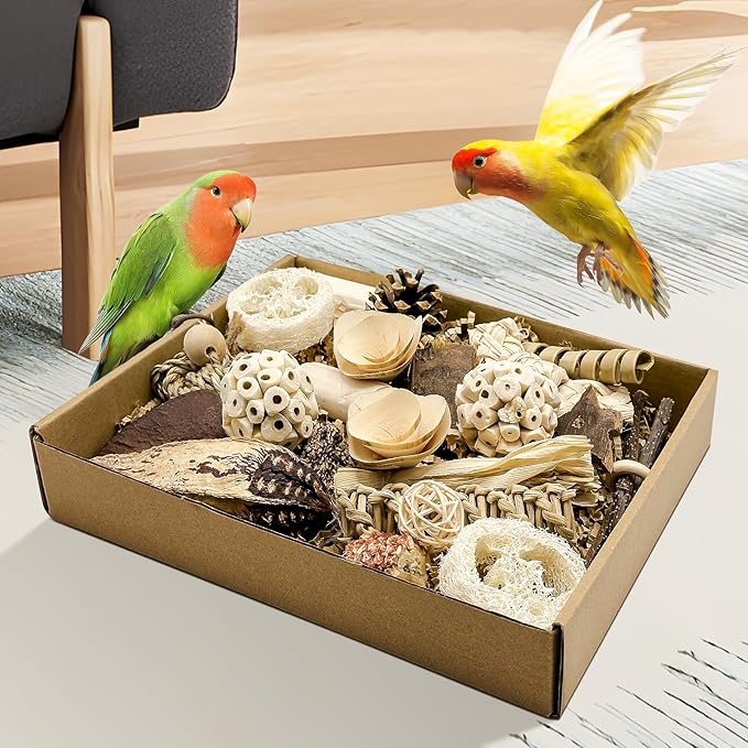 Natural Bird Toy Foraging Parrot Shredding Toys Box Conure Chewing Toys for Cockatiel Lovebird Parakeet Budgie Small-Medium Birds (Nature Color)