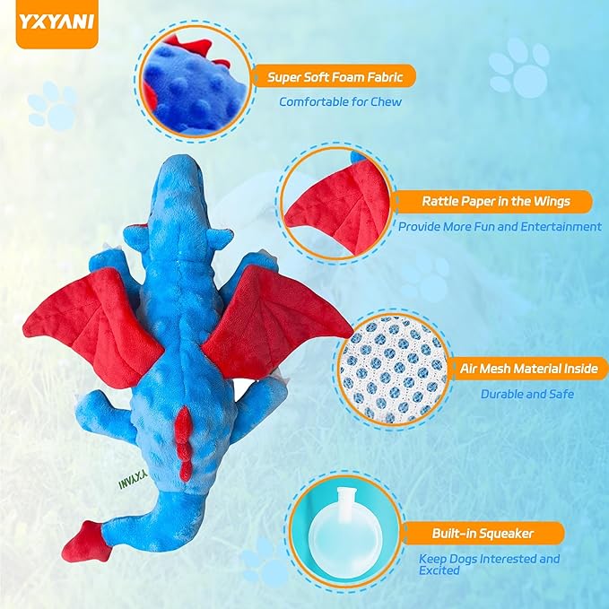 Dragon Dog Squeak Plush Toy Chew Toy Resistant to Bite Keeps Dogs Healthy and Happy Birthday Gift Suitable for Large, Medium and Small Dogs Blue 14 Inch
