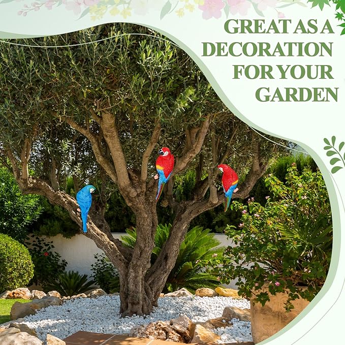 Jetec 2 Pcs Parrot Decor Outdoor Tiki Bar Decorations Large Realistic Parrot Statues for Outside Lifelike Bird Sculptures Garden Patio Yard Lawn Figurines for Tropical Animal Tree Wall (Blue, Red)