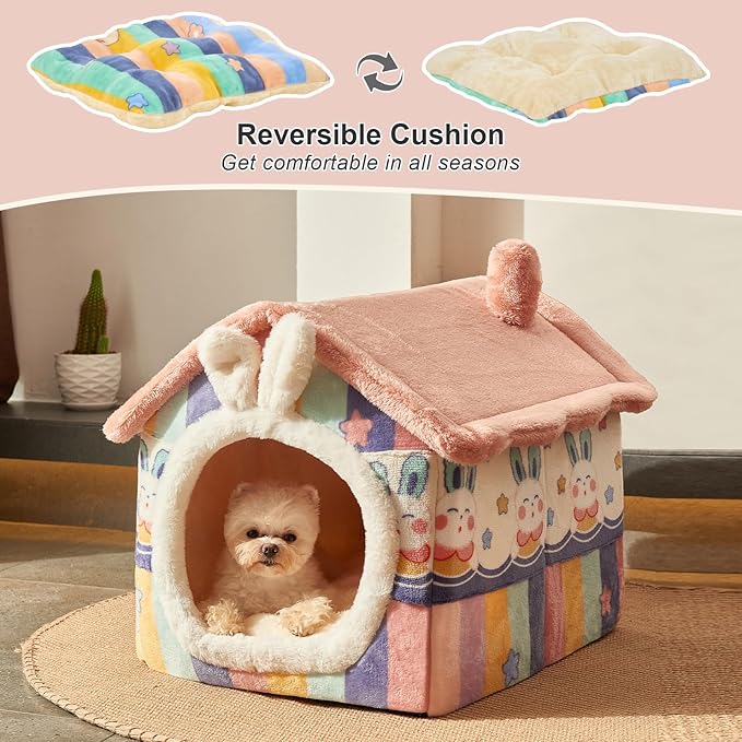 JIUPETY Cute Small Dog House Indoor, Foldable House Kennel Bed Mat with Cushion, L Size Tent Up to 25 Lbs, Dog Cave Bed with Non-Slip Bottom, Rainbow