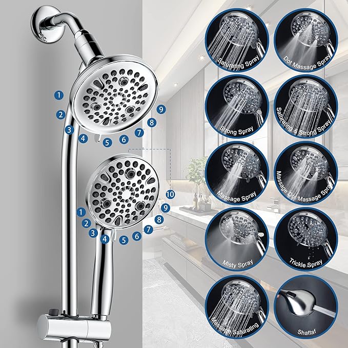High Pressure Handheld/Rain 82-mode 3-way Shower Head Combo with 25.75" Adjustable Drill-free Stainless Steel Slide Bar, Pet & Tub Power Wash and Anti-clog Nozzles, with 5ft Hose - Polished Chrome