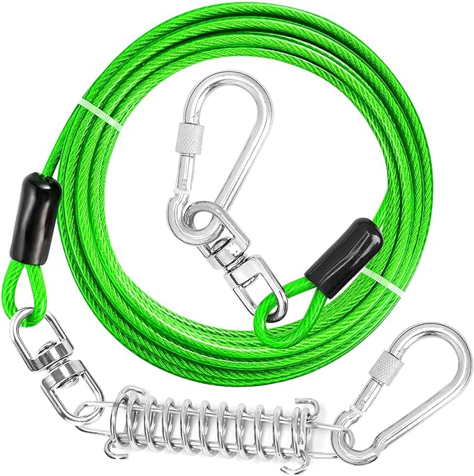jenico Dog Tie Out Cable, 10/15/20/30/40/50/70/100/150FT Runner Cable with Swivel Hook and Shock Spring, Dog Leash Run Tether for Yard Outdoor and Camping,for Small to Medium Pets Up to 500 LBS