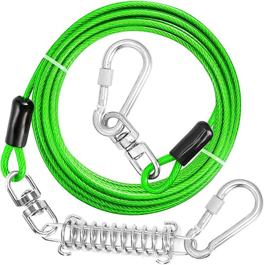 Jenico Dog Tie Out Cable, 10-150FT Runner Cable with Swivel Hook and Shock Spring, Yard & Camping Dog Leash Tether for Small to Medium Pets Up to 500 LBS