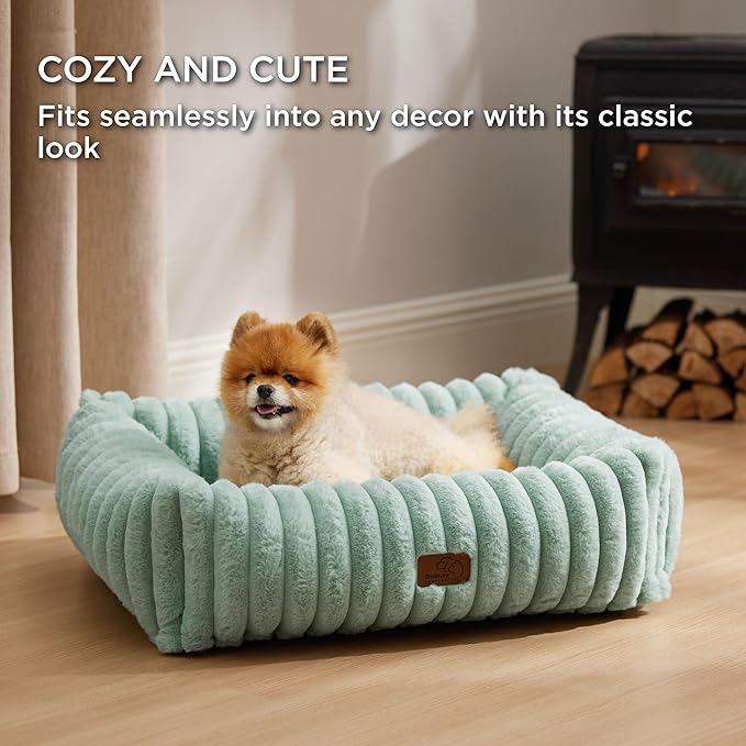 Bedsure Washable Dog Bed for Medium Dogs - Cute Furry Puppy Beds, Rectangle Orthopedic Corduroy Fleece Pet Beds with Removable Zipper Cover, 25x21x7inches, Green