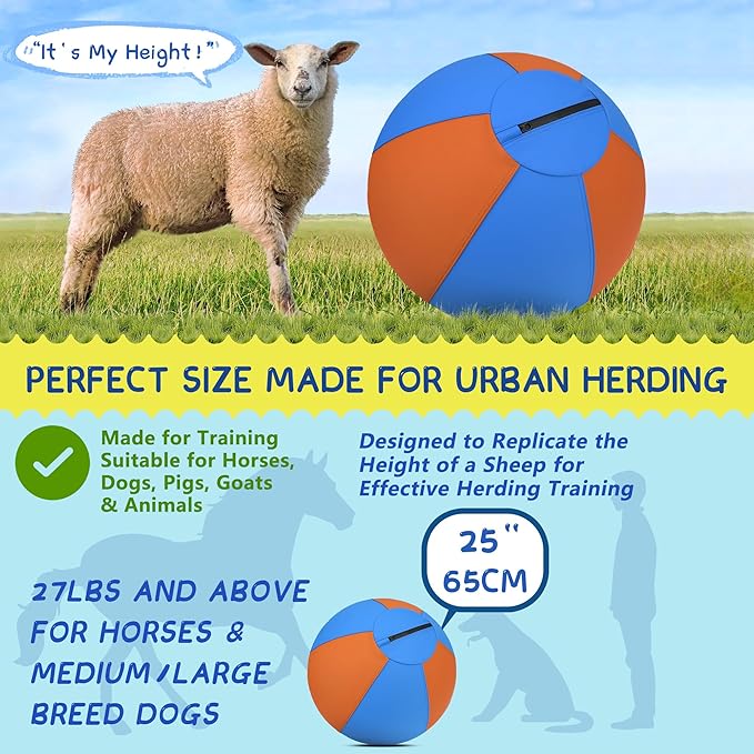 Herding Ball for Dogs and Horses - 25" Jolly Ball for Dogs, Agility Training Equipment, Herding for Australian/German Shepherd, Improved Bite-Resistant, Reinforced Sewing Dog Toys - Blue&Orange(New