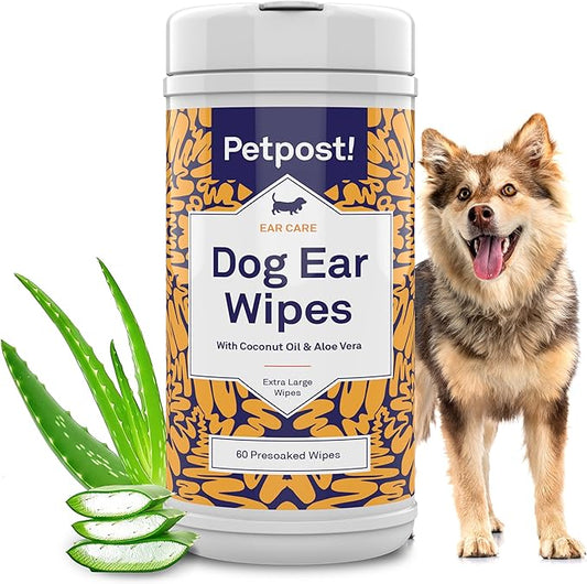 Petpost | Large Dog Ear Cleaner Wipes - Ultra Soft XL Cotton Pads in Coconut Oil Aloe Solution - Remedy for Dog Ear Rinse & Cleanser 60 ct.