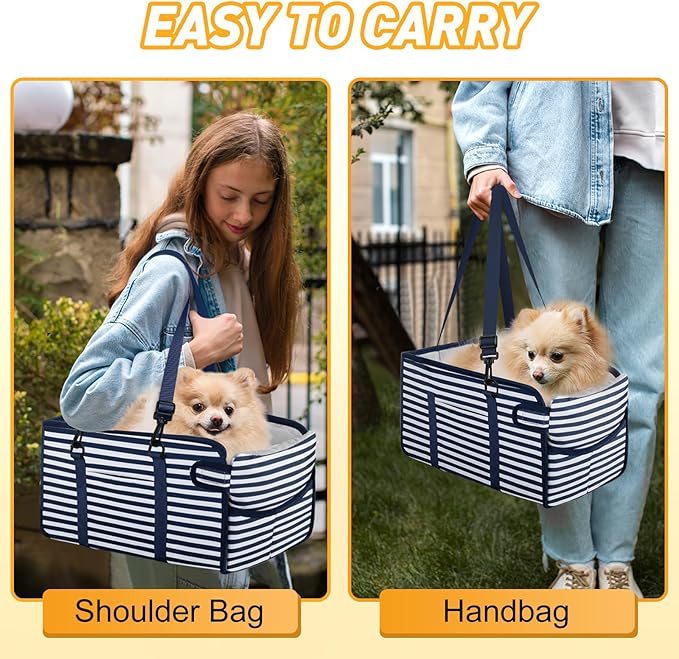 Portable Dog Car Seat for Small Dogs - Adjustable Safety Leash, Washable Cushion & Storage Pocket - Pet Booster Seat for Car Travel- Blue Stripes