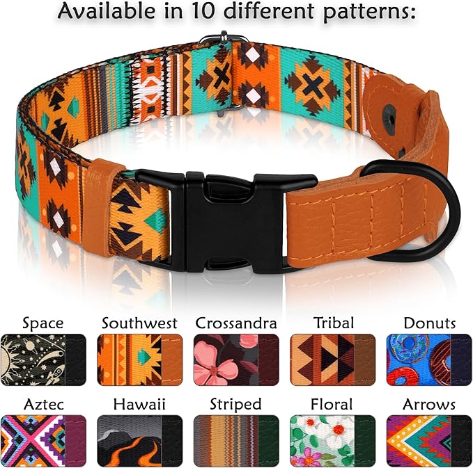 AirTag Dog Collar with Metal Buckle - Soft Leather Printed Nylon Dog Collar with Apple AirTag Holder - Cute Tracking GPS Pet Collars for Girl Boy Small Large Dogs (M, 14"-18" Neck Fit, Southwest)