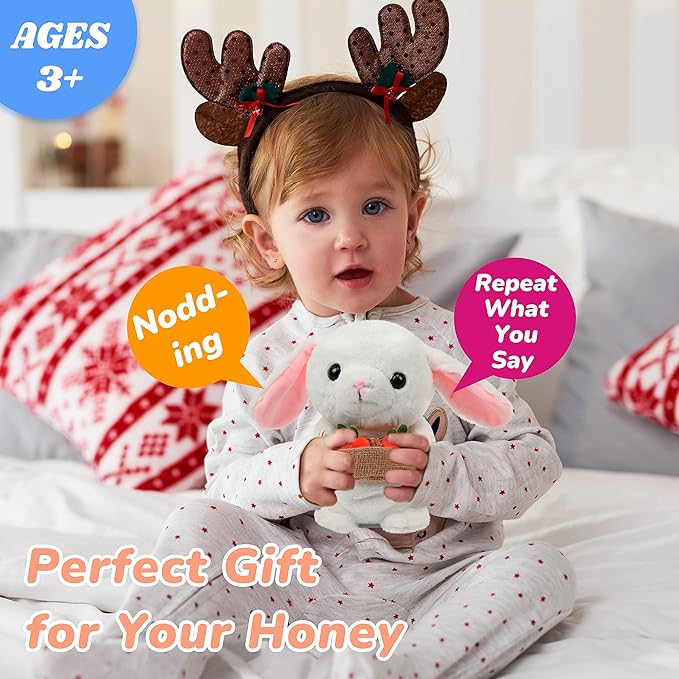 Hopearl Talking Bunny Repeats What You Say Rabbit with Carrots Nodding Electric Interactive Animated Toy Speaking Plush Buddy Gifts for Toddlers, White, 7''