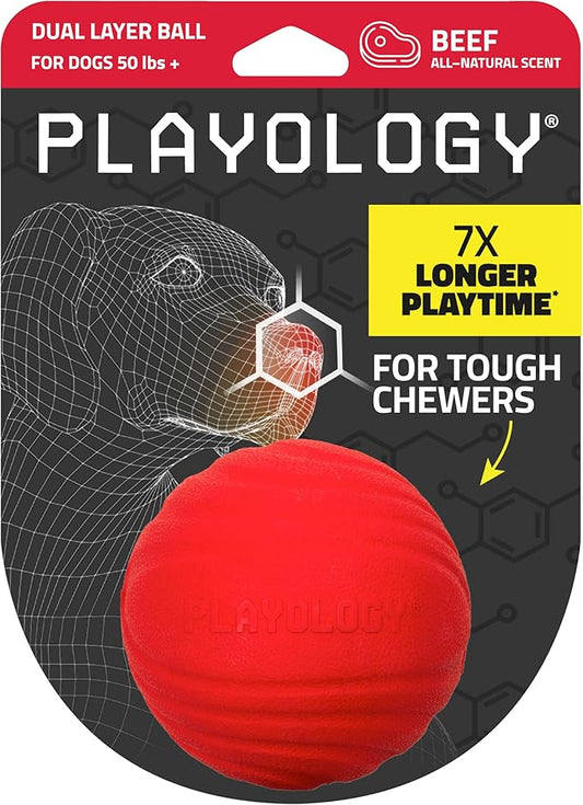 Playology Durable Dog Toys Dual Layer Chew Ball | Rubber Dog Balls for Aggressive Chewers | Beef Scented Red Toy Ball for Large Dogs | Made from Non Toxic Materials