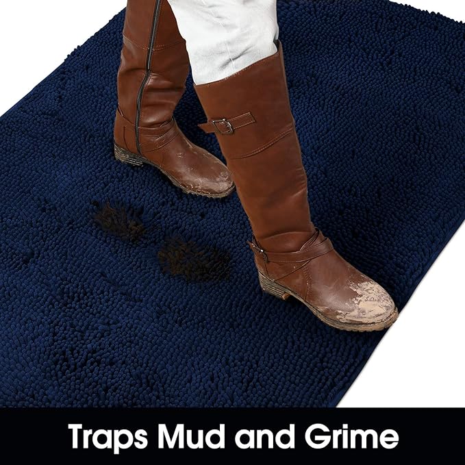 HOMEIDEAS Doormat Indoor Entrance, 60"x36", Highly Absorbent Chenille Large Muddy Dog Washable Non Slip Front Welcome Door Mat for Entryway, Navy Blue